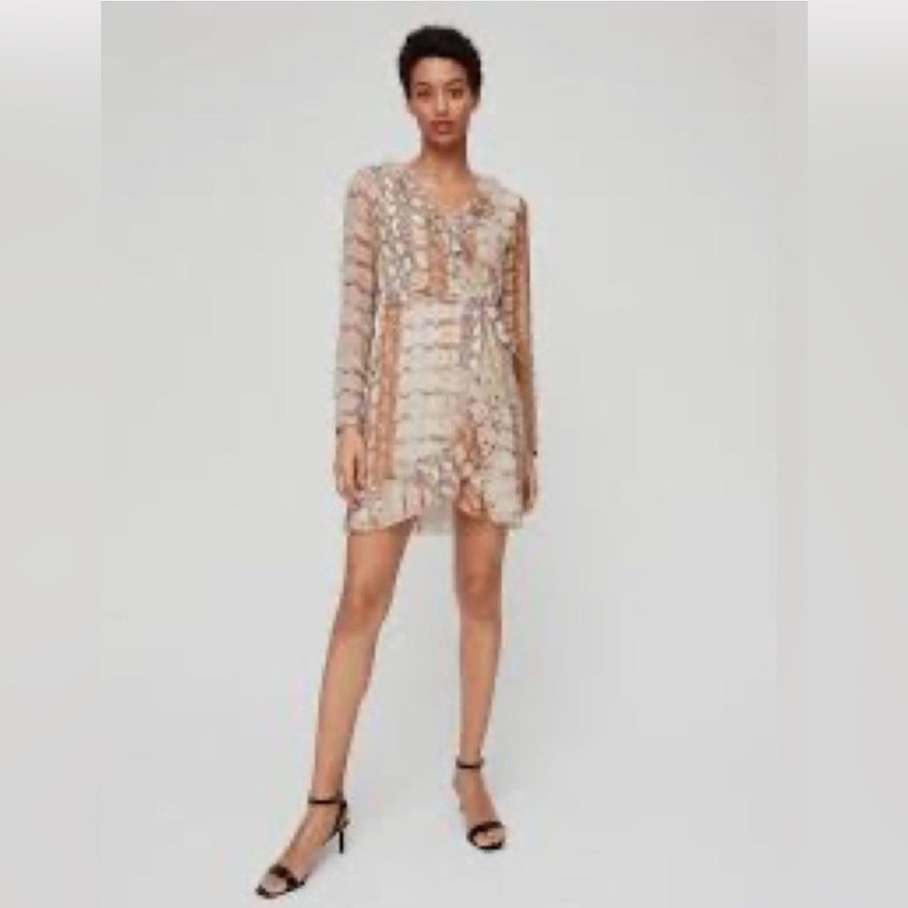 Wilfred Aritzia Louise Mini Wrap Dress Snakeskin Long Sleeves Ruffle